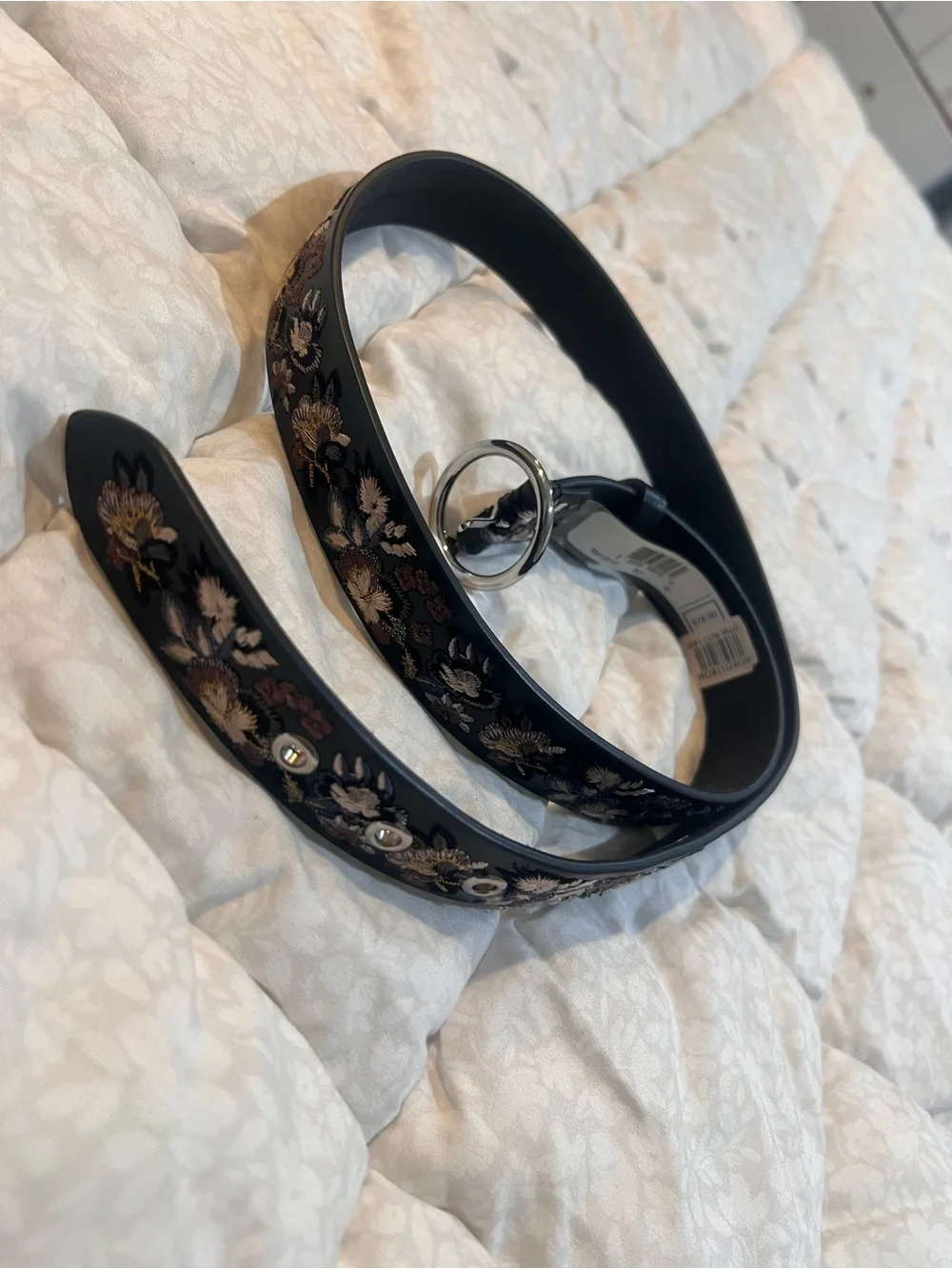 Nordstrom Black Floral Embroidered Belt with Silver Ring Buckle